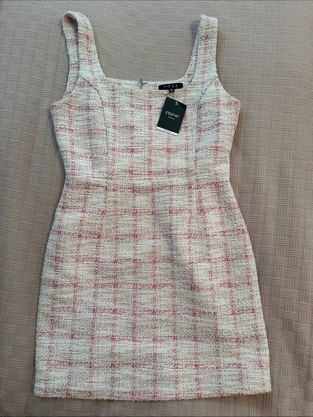 Primp Cream and Pink Tweed Square-Neck Sheath